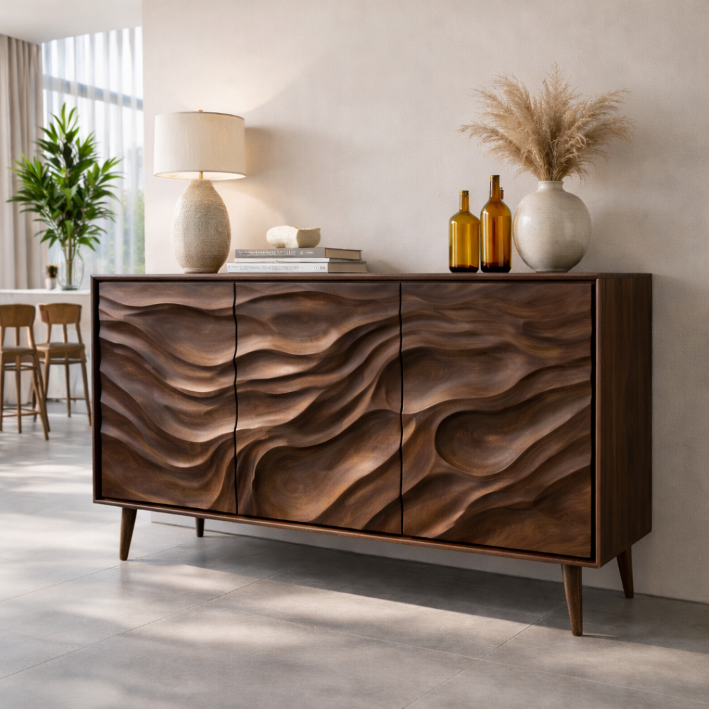 Solid Wood Console Table with Carved Wave Doors – Modern Sculptural Storage Sideboard