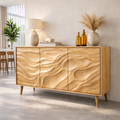 Solid Wood Console Table with Carved Wave Doors – Modern Sculptural Storage Sideboard