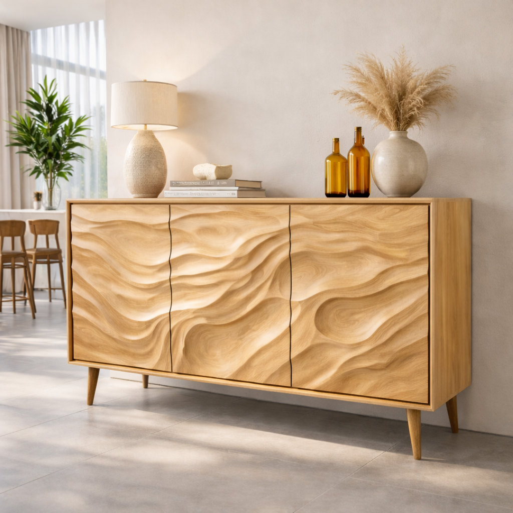 Solid Wood Console Table with Carved Wave Doors – Modern Sculptural Storage Sideboard