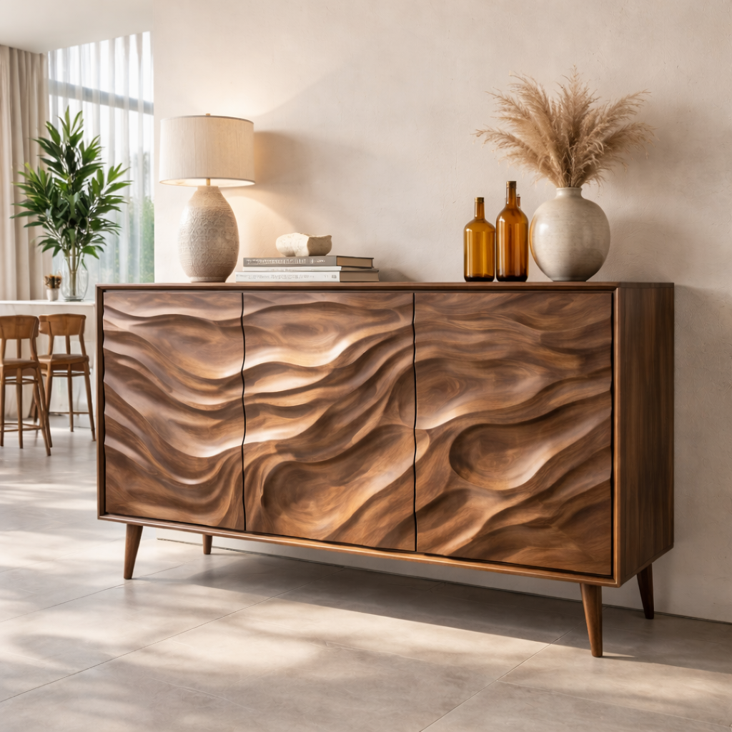 Solid Wood Console Table with Carved Wave Doors – Modern Sculptural Storage Sideboard