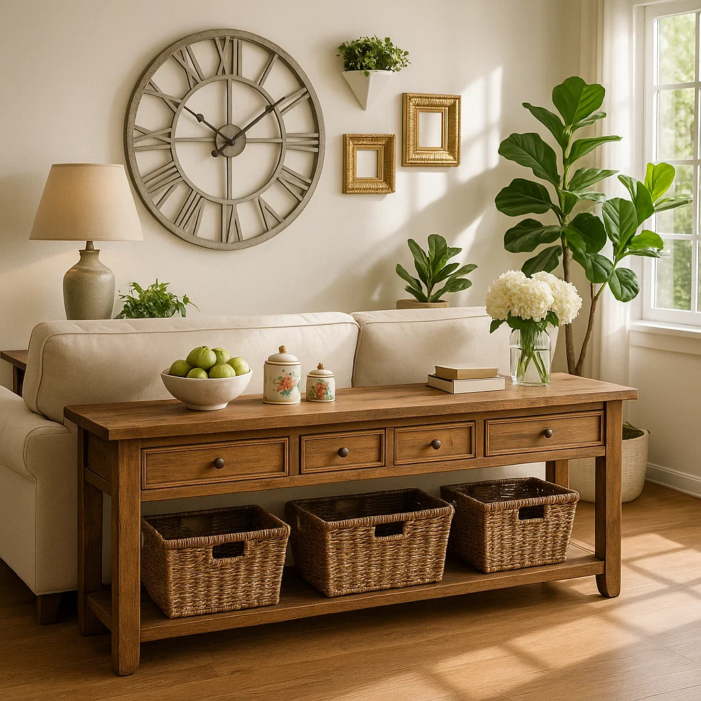 Solid Wood Console Table with Drawers and Storage Shelf for Living Room or Entryway