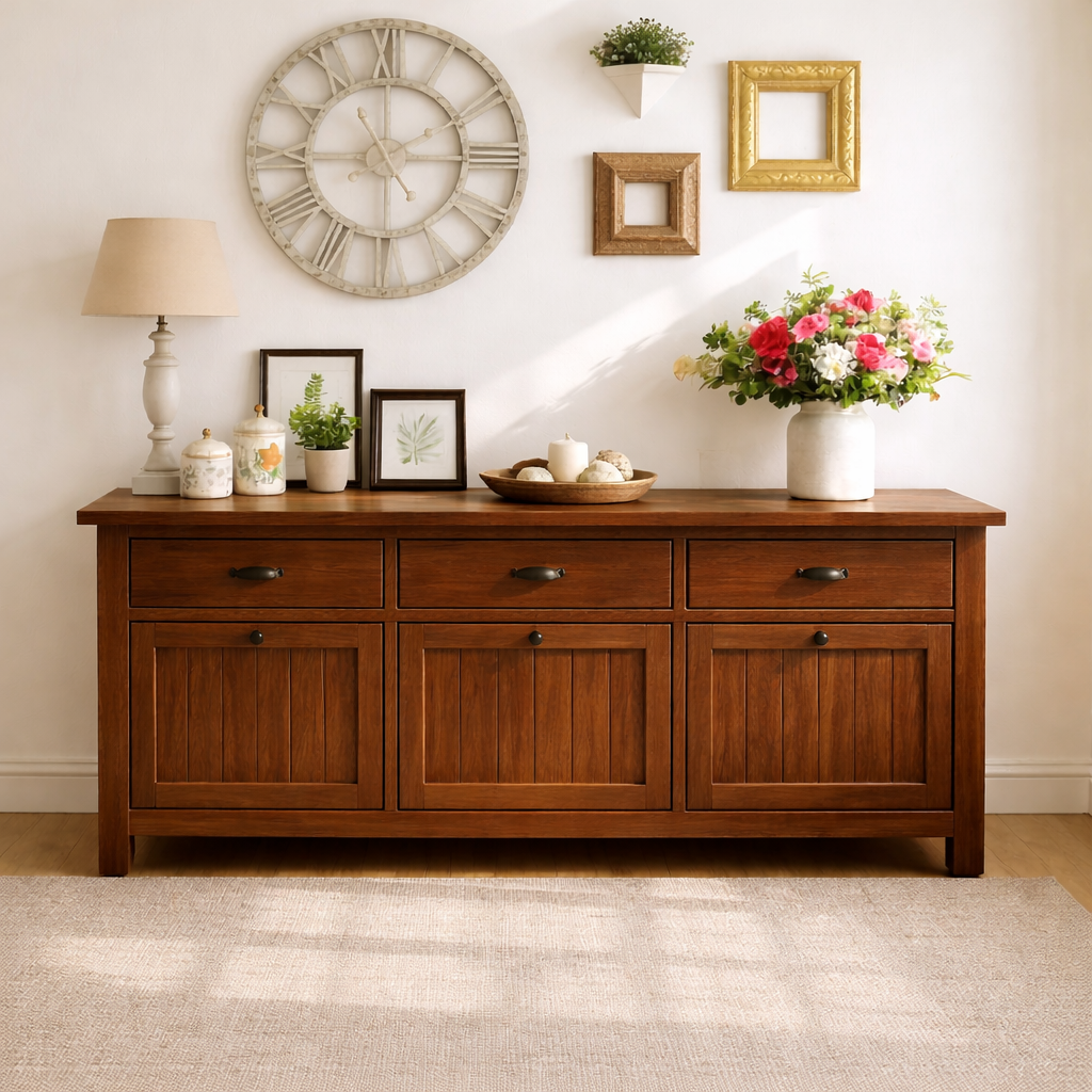 Solid Wood Sideboard Console Table with Drawers and Cabinet, Farmhouse Wood Buffet Storage Cabinet