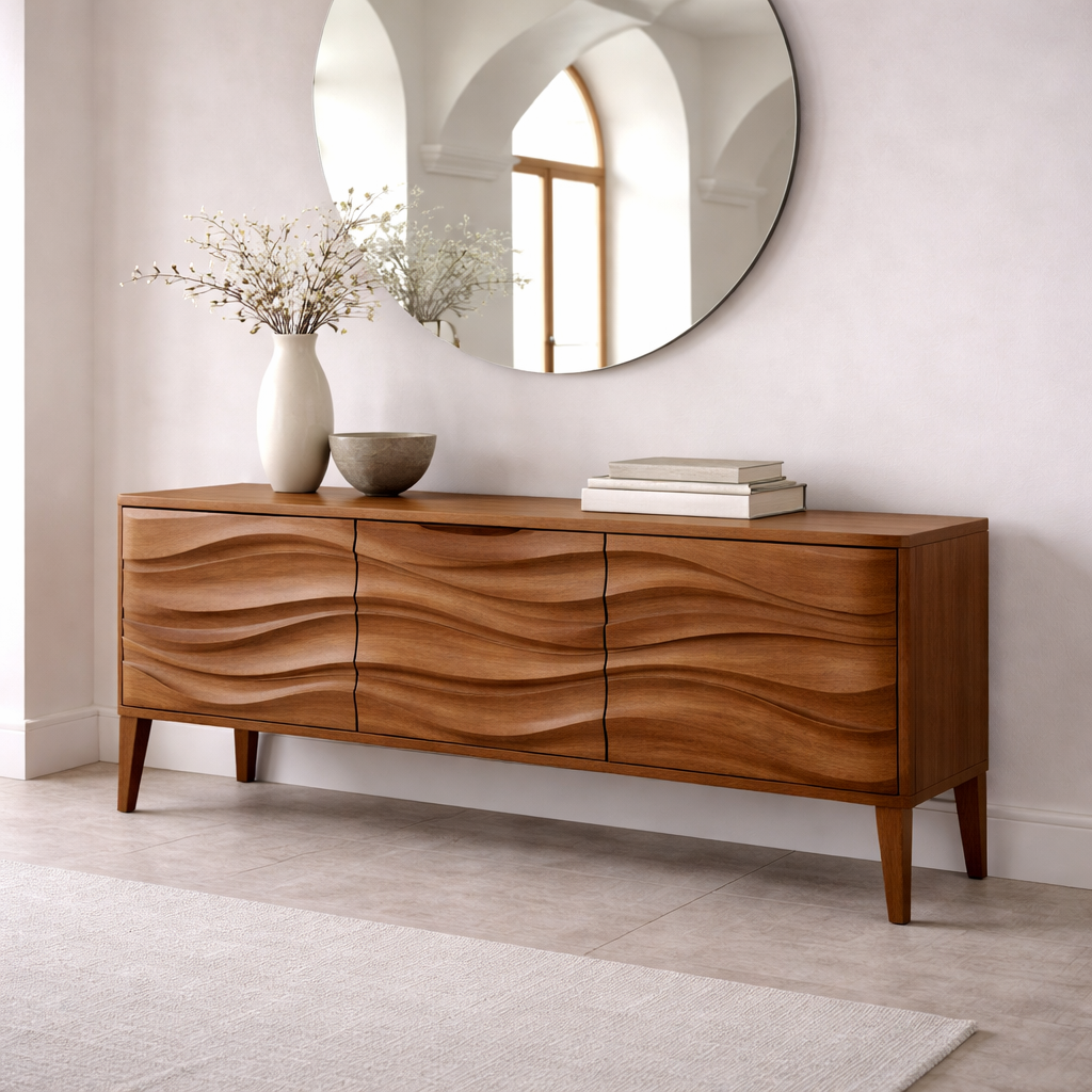 Solid Wood Console Table with Wave Front – Modern Entryway Storage Cabinet