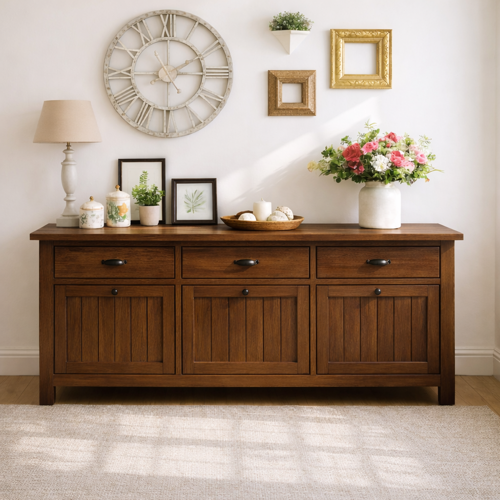 Solid Wood Sideboard Console Table with Drawers and Cabinet, Farmhouse Wood Buffet Storage Cabinet