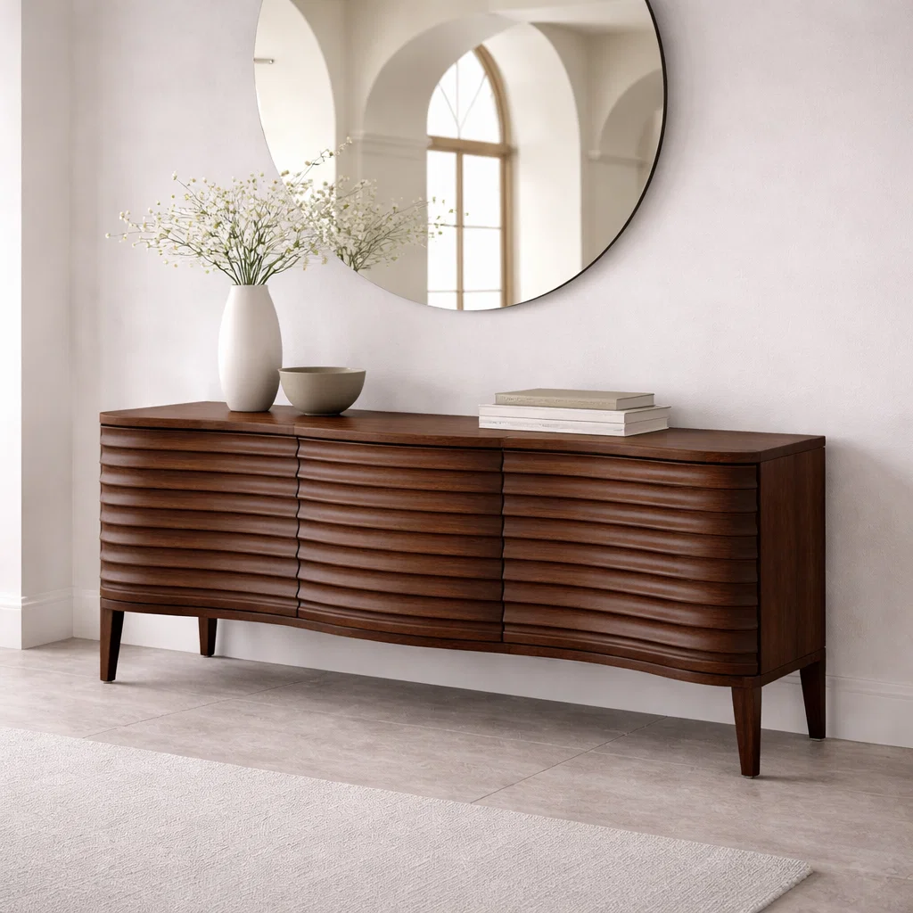 Solid Wood Console Table with Fluted Front – Modern Entryway Storage Sideboard