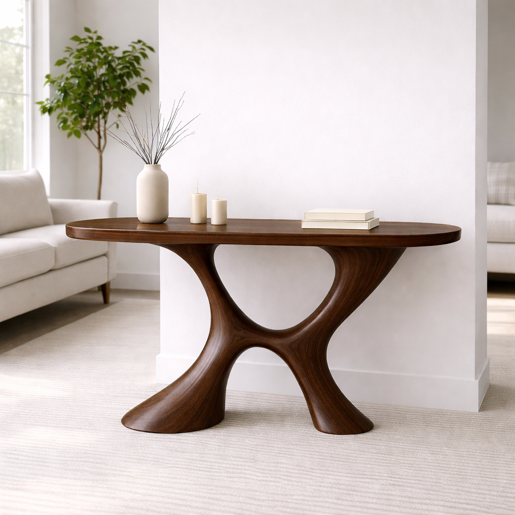 Modern Solid Wood Console Table, Sculptural Organic Base Entryway Hallway Oak Statement Furniture