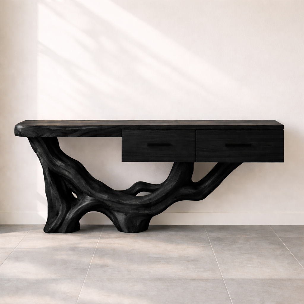 Rustic Solid Wood Console Table With Drawers, Tree Root Base Entryway Hallway Furniture