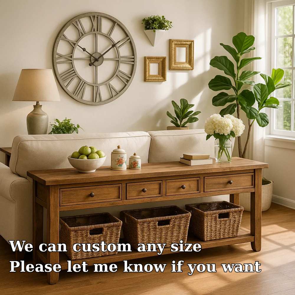 Solid Wood Console Table with Drawers and Storage Shelf for Living Room or Entryway