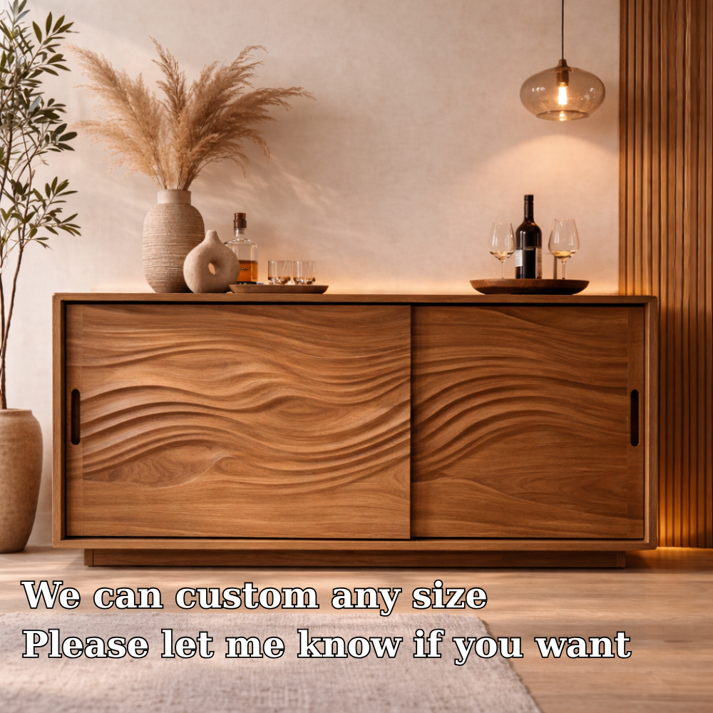 Solid Wood Console Table with Carved Wave Doors – Modern Walnut Sideboard Cabinet