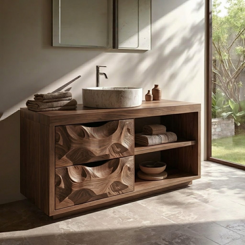 Carved Solid Wood Bathroom Vanity with Storage – Modern Wall-Mounted Unit