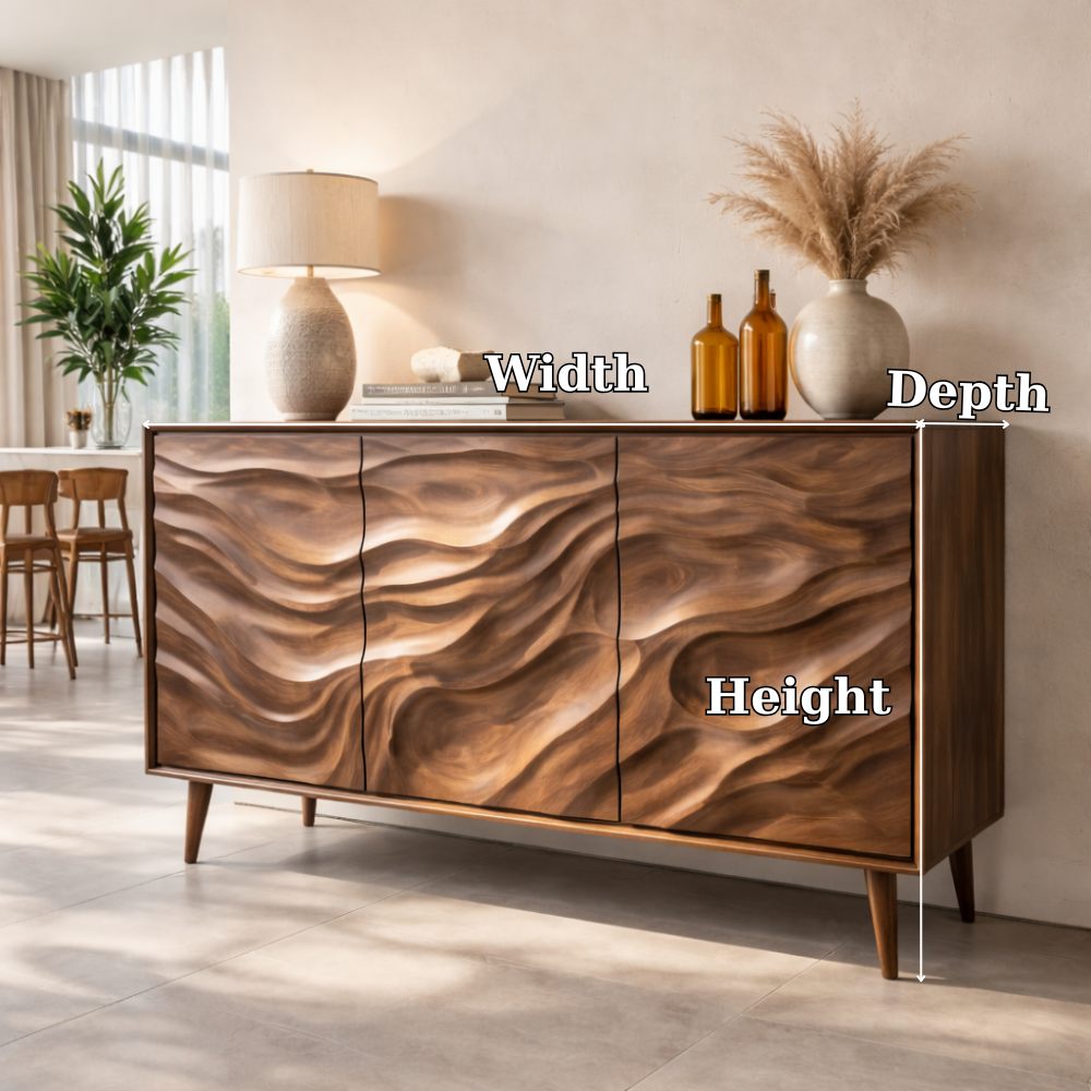 Solid Wood Console Table with Carved Wave Doors – Modern Sculptural Storage Sideboard
