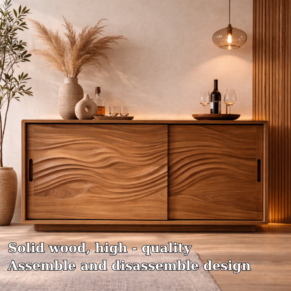 Solid Wood Console Table with Carved Wave Doors – Modern Walnut Sideboard Cabinet