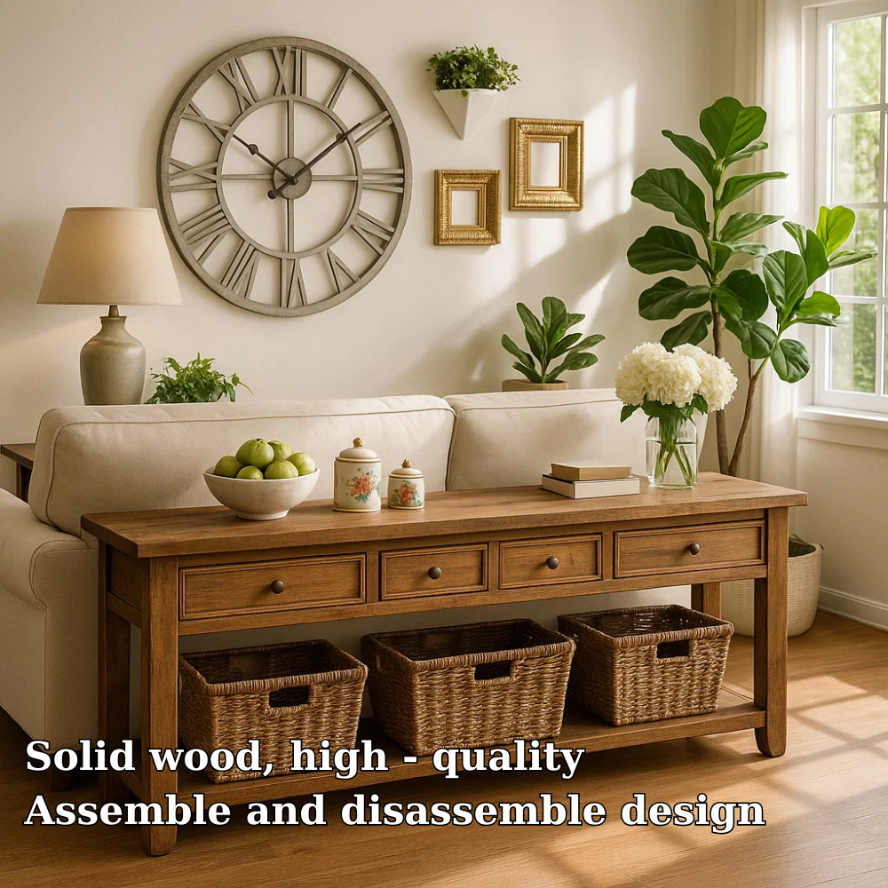 Solid Wood Console Table with Drawers and Storage Shelf for Living Room or Entryway