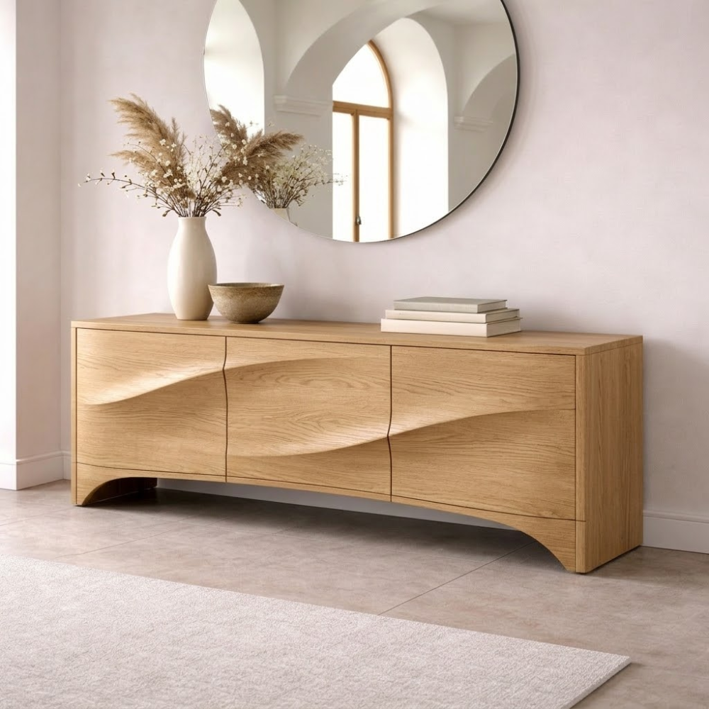 Solid Wood Console Table with Curved Design – Modern Entryway Storage Sideboard
