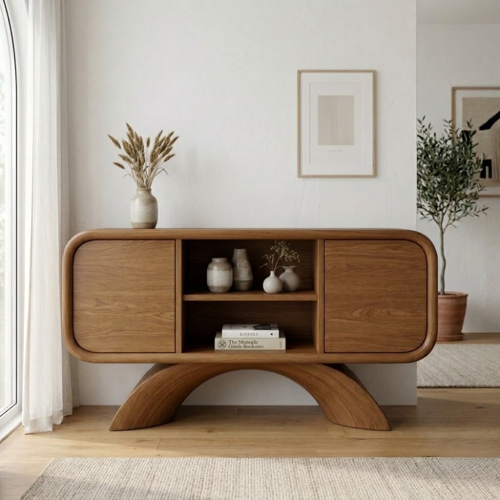 Arched Base Oak Console Cabinet - Modern Japandi Sideboard with Curved Silhouette