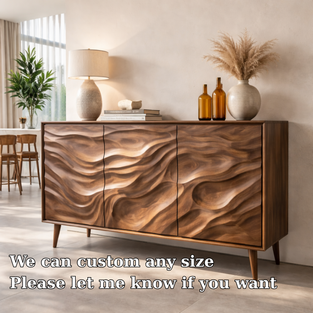 Solid Wood Console Table with Carved Wave Doors – Modern Sculptural Storage Sideboard