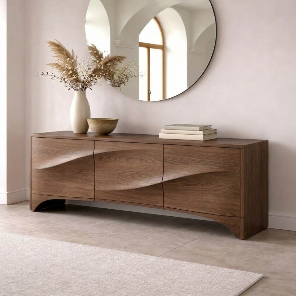 Solid Wood Console Table with Curved Design – Modern Entryway Storage Sideboard