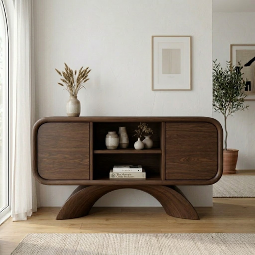 Arched Base Oak Console Cabinet - Modern Japandi Sideboard with Curved Silhouette