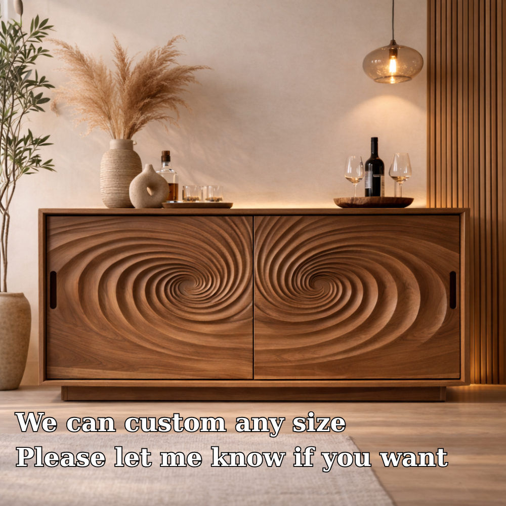 Solid Walnut Console Table with Carved Spiral Doors – Modern Wooden Sideboard
