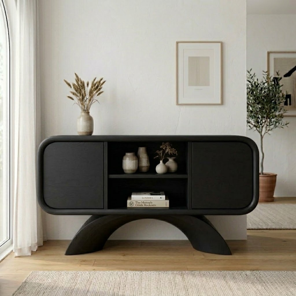 Arched Base Oak Console Cabinet - Modern Japandi Sideboard with Curved Silhouette
