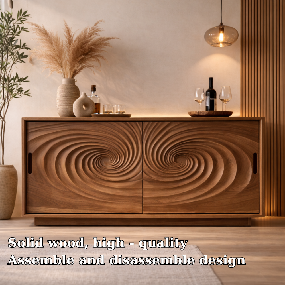 Solid Walnut Console Table with Carved Spiral Doors – Modern Wooden Sideboard