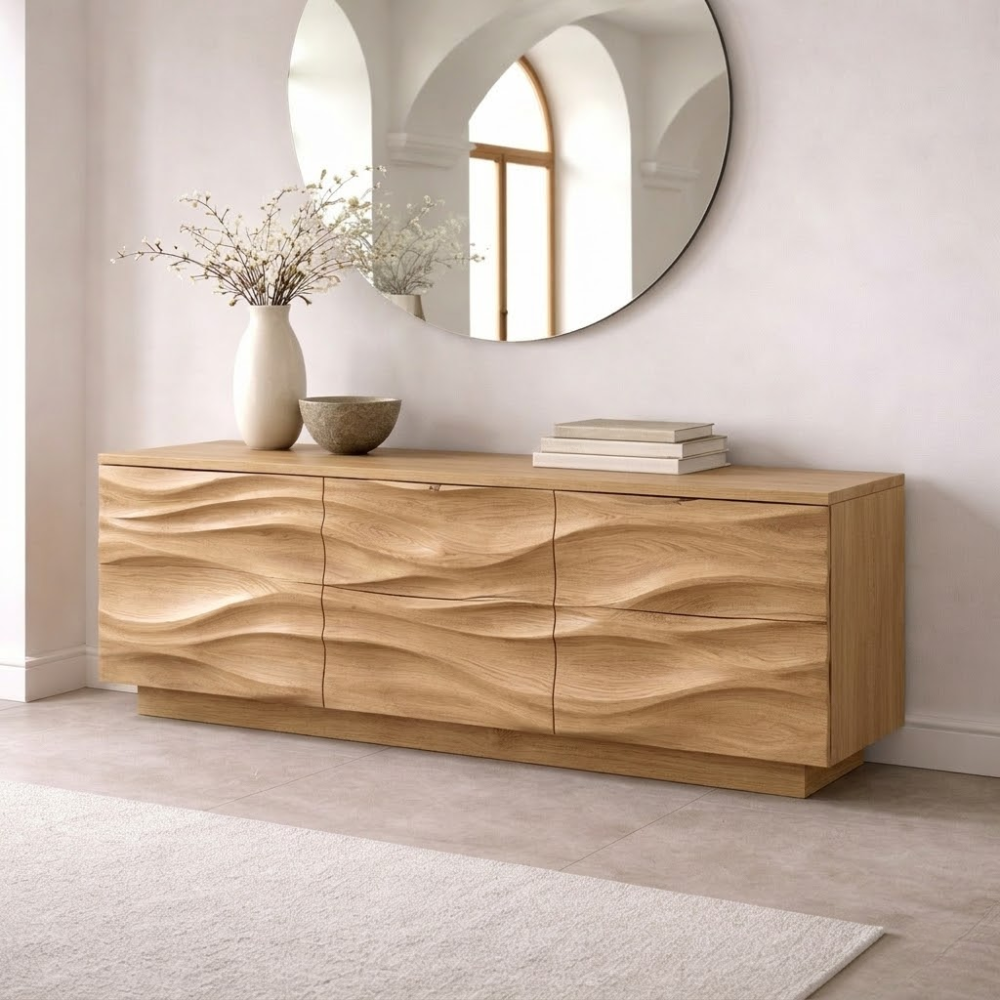 Solid Wood Console Table with Wave Front – Modern Entryway Storage Sideboard