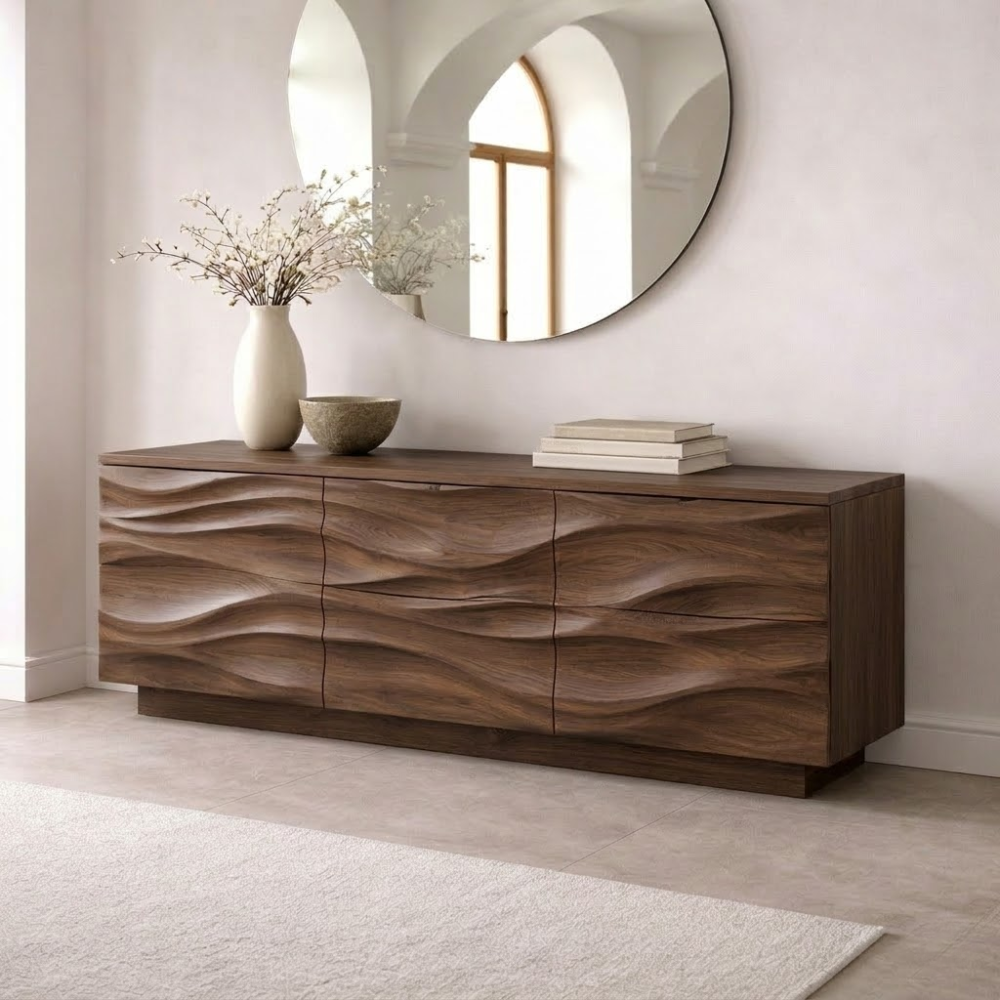 Solid Wood Console Table with Wave Front – Modern Entryway Storage Sideboard
