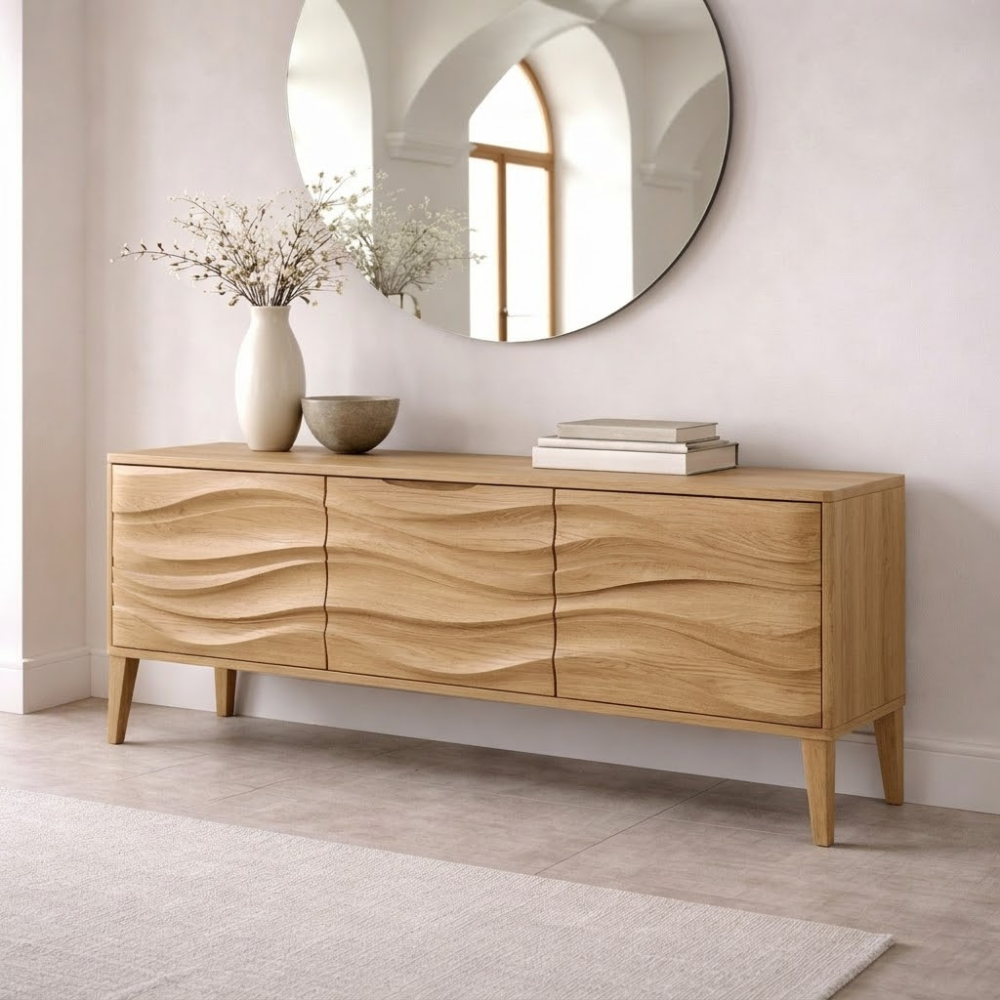 Solid Wood Console Table with Wave Front – Modern Entryway Storage Cabinet