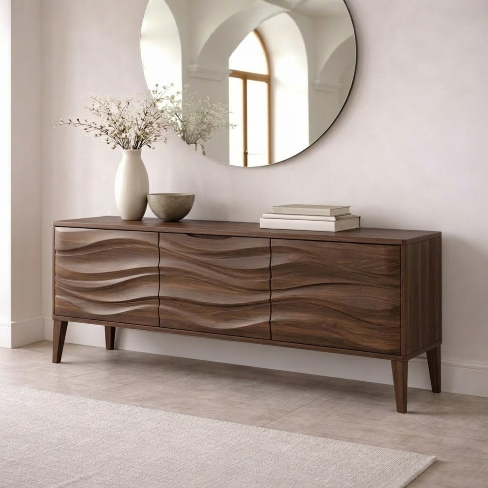 Solid Wood Console Table with Wave Front – Modern Entryway Storage Cabinet