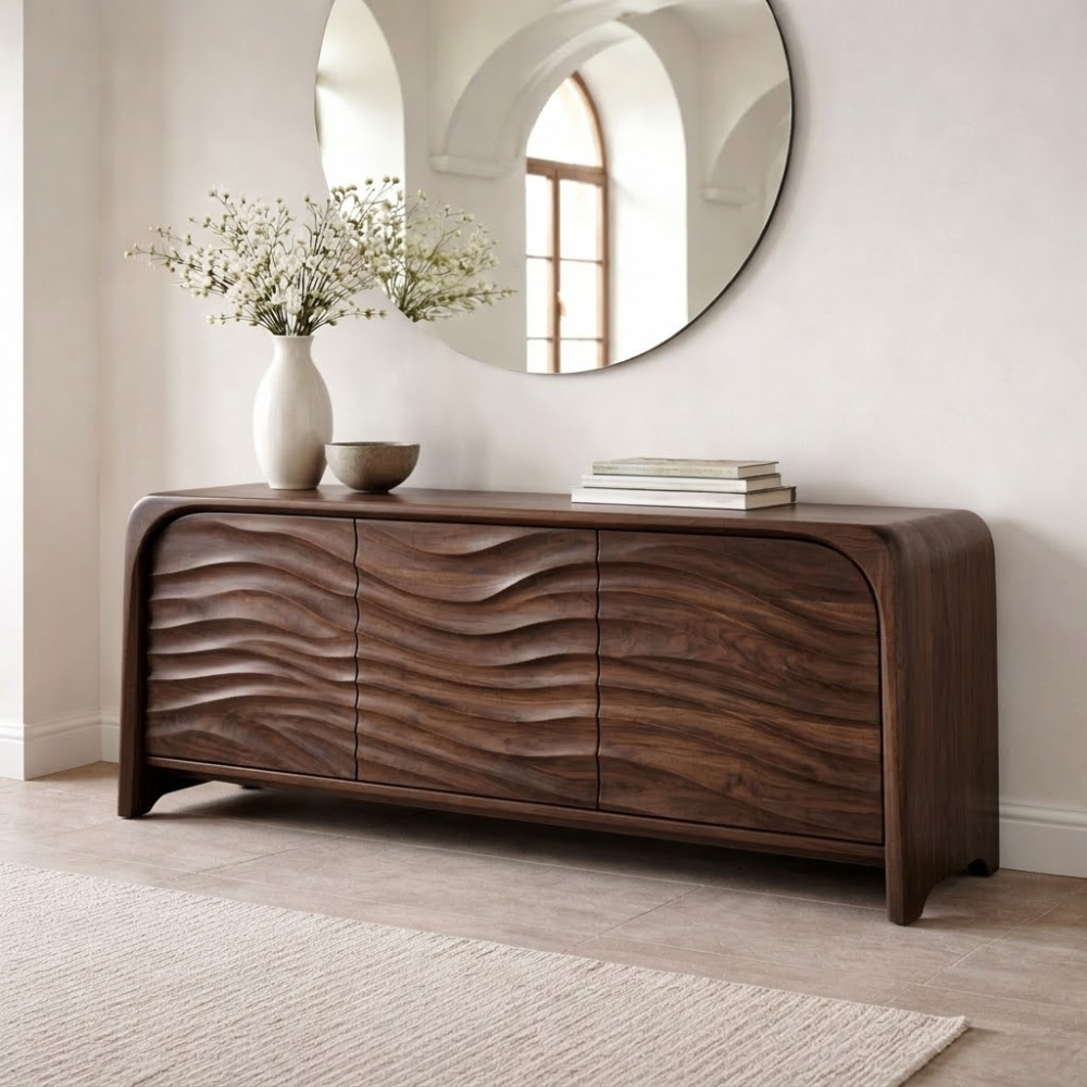 Solid Wood Console Table with Sculpted Wave Front – Modern Entryway Storage Cabinet