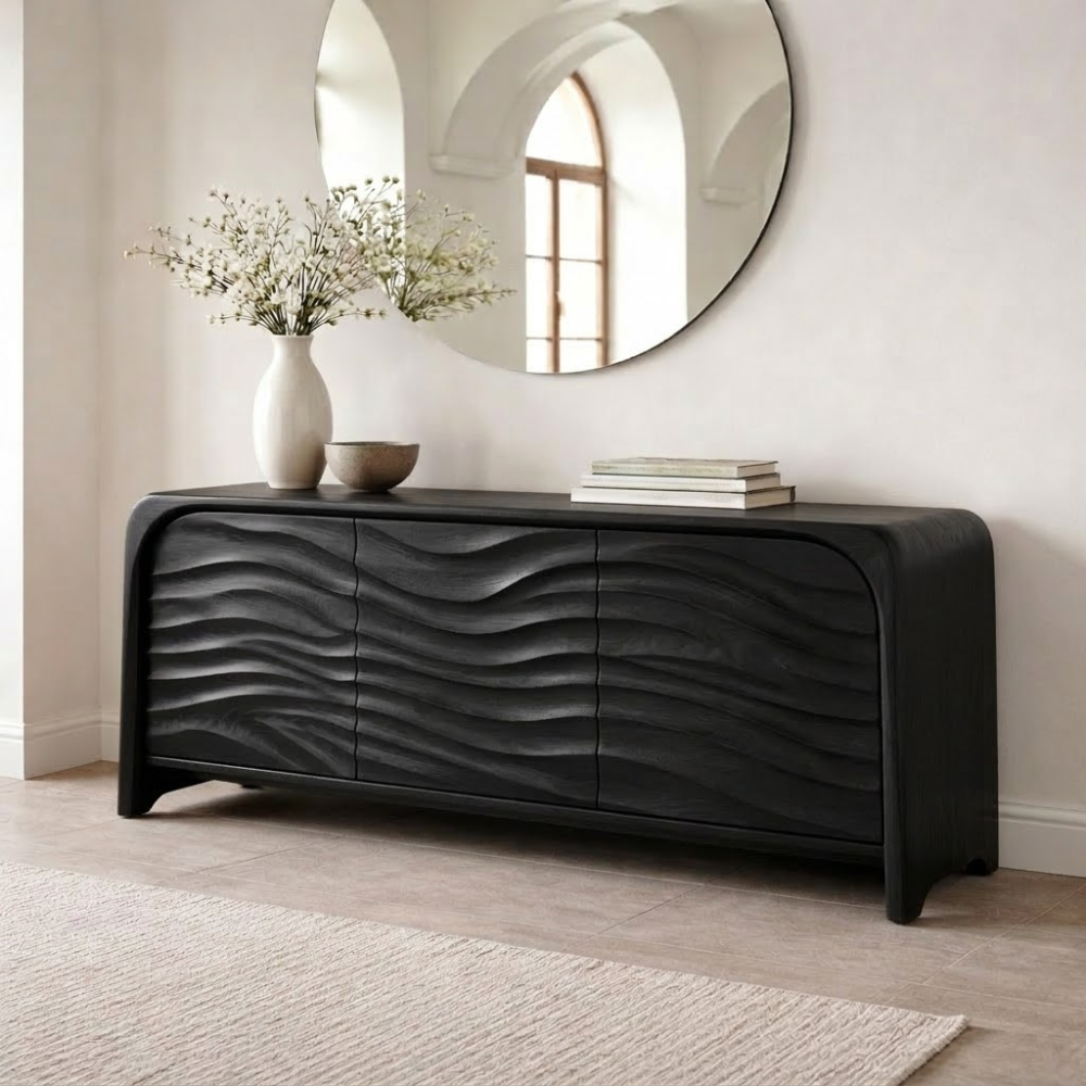 Solid Wood Console Table with Sculpted Wave Front – Modern Entryway Storage Cabinet