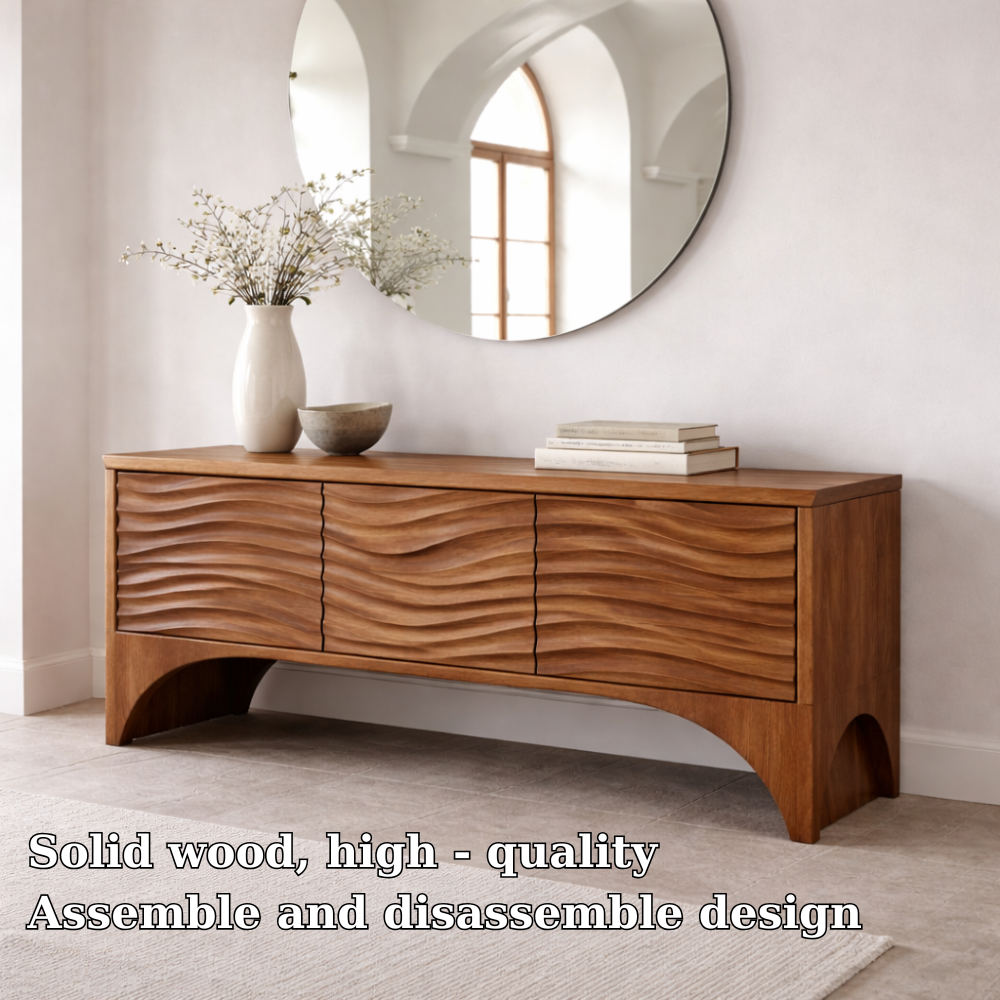 Solid Wood Console Table with Wave Front Drawers – Modern Entryway Storage Cabinet