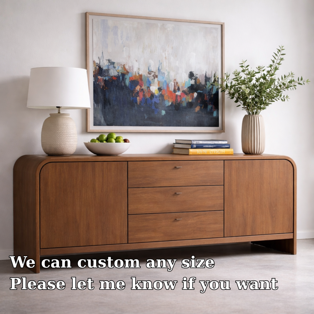 Solid Wood Console Table with Drawers and Cabinets – Modern Walnut Sideboard