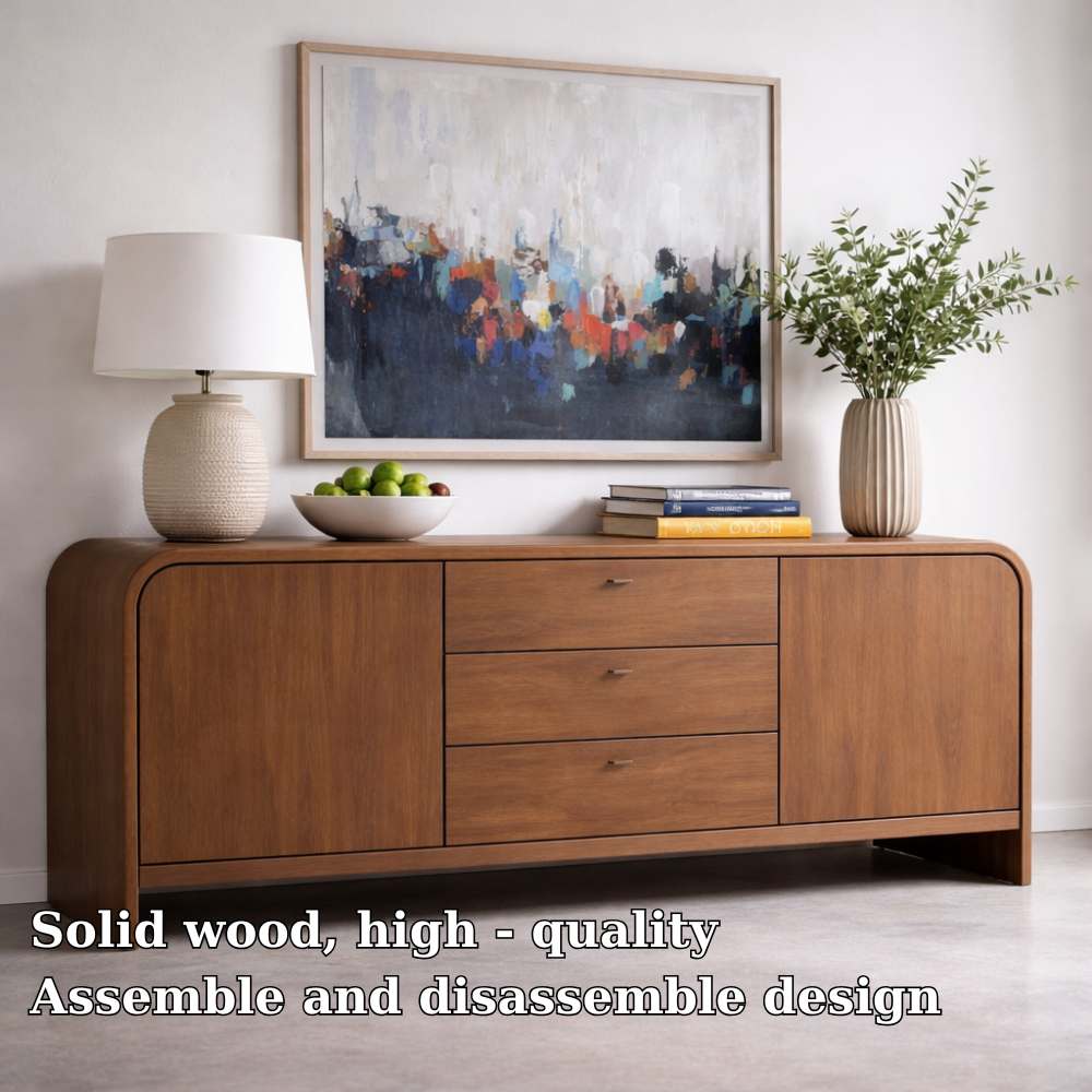 Solid Wood Console Table with Drawers and Cabinets – Modern Walnut Sideboard