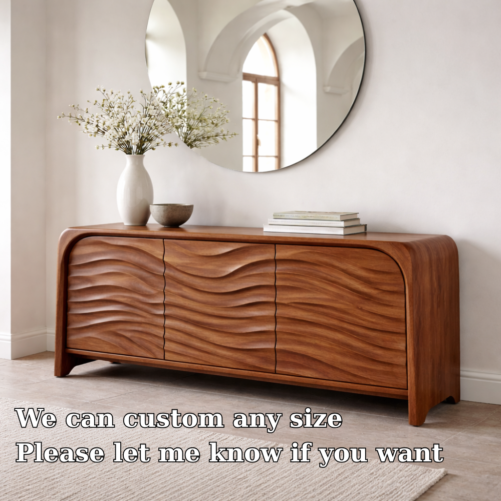 Solid Wood Console Table with Sculpted Wave Front – Modern Entryway Storage Cabinet