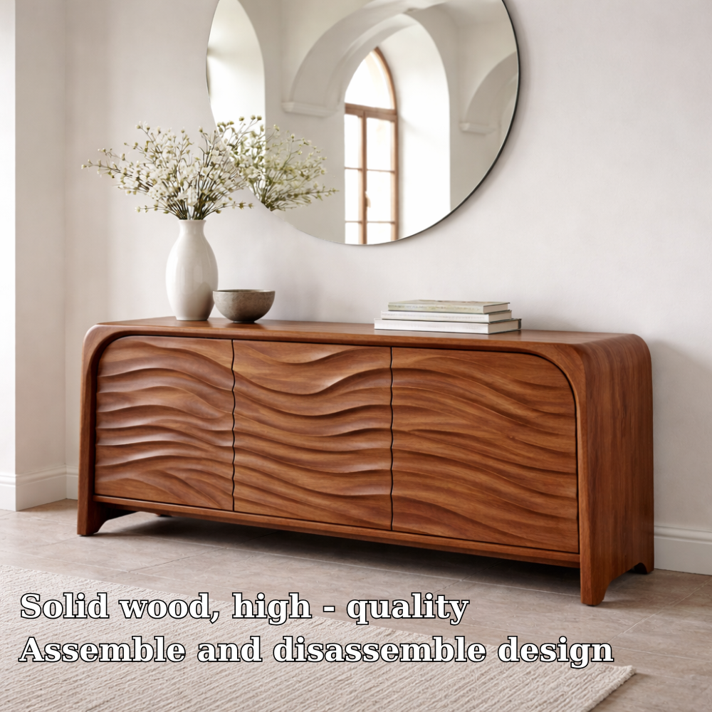 Solid Wood Console Table with Sculpted Wave Front – Modern Entryway Storage Cabinet
