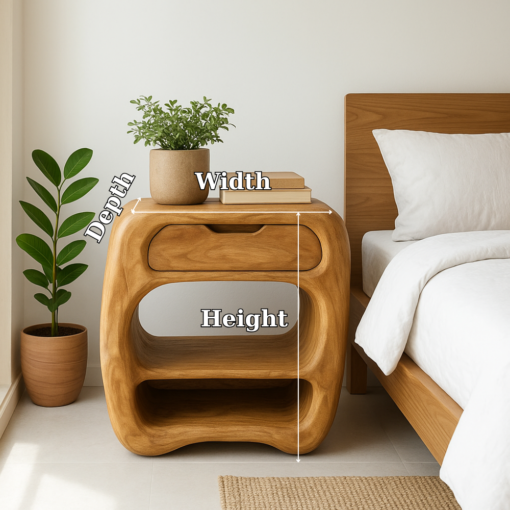 Curved Solid Wood Nightstand with Drawer and Open Shelves - Natural Finish