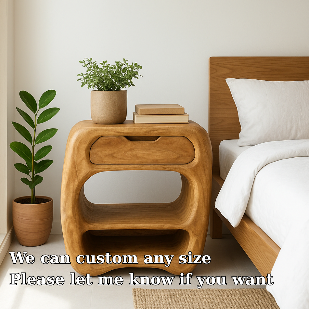 Curved Solid Wood Nightstand with Drawer and Open Shelves - Natural Finish