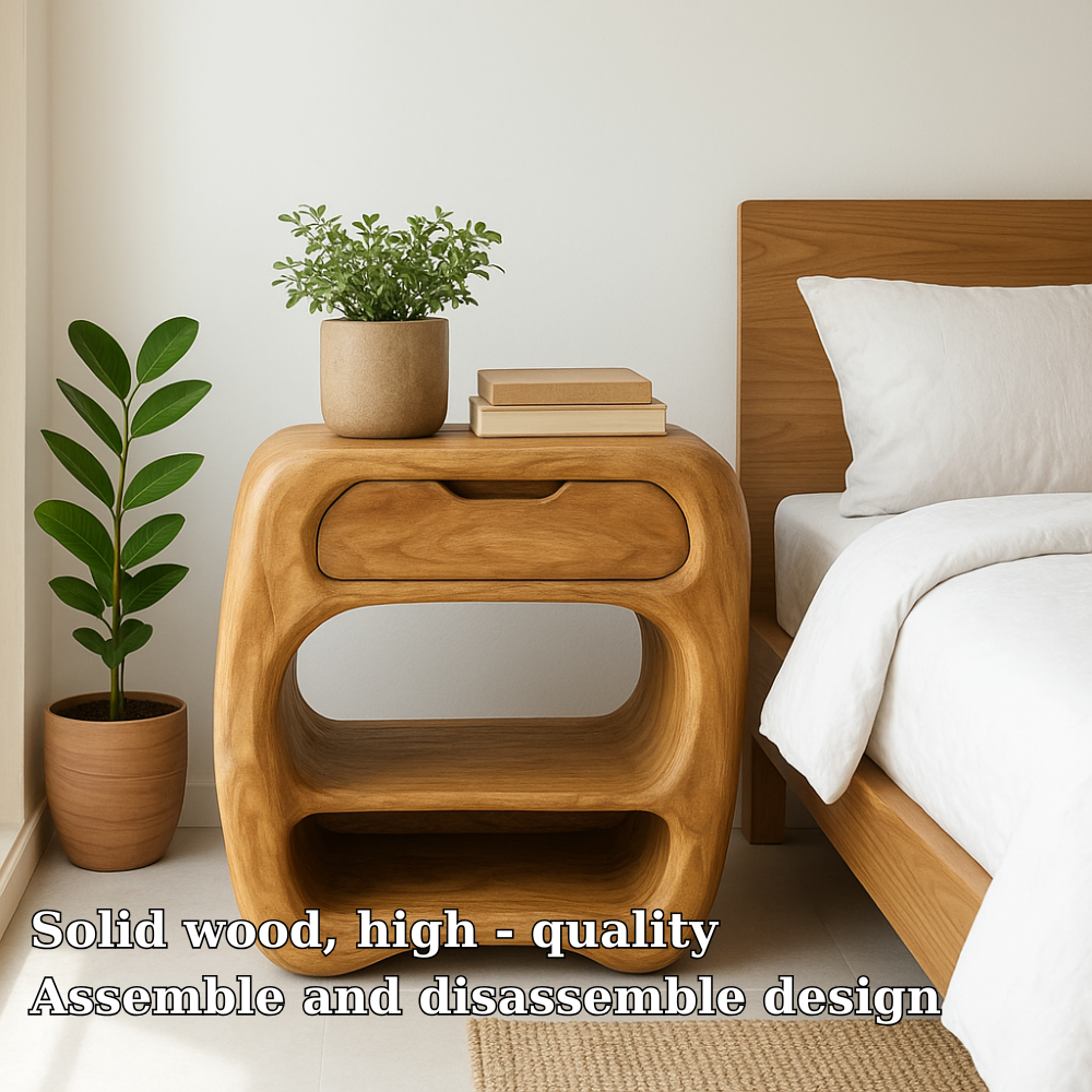 Curved Solid Wood Nightstand with Drawer and Open Shelves - Natural Finish