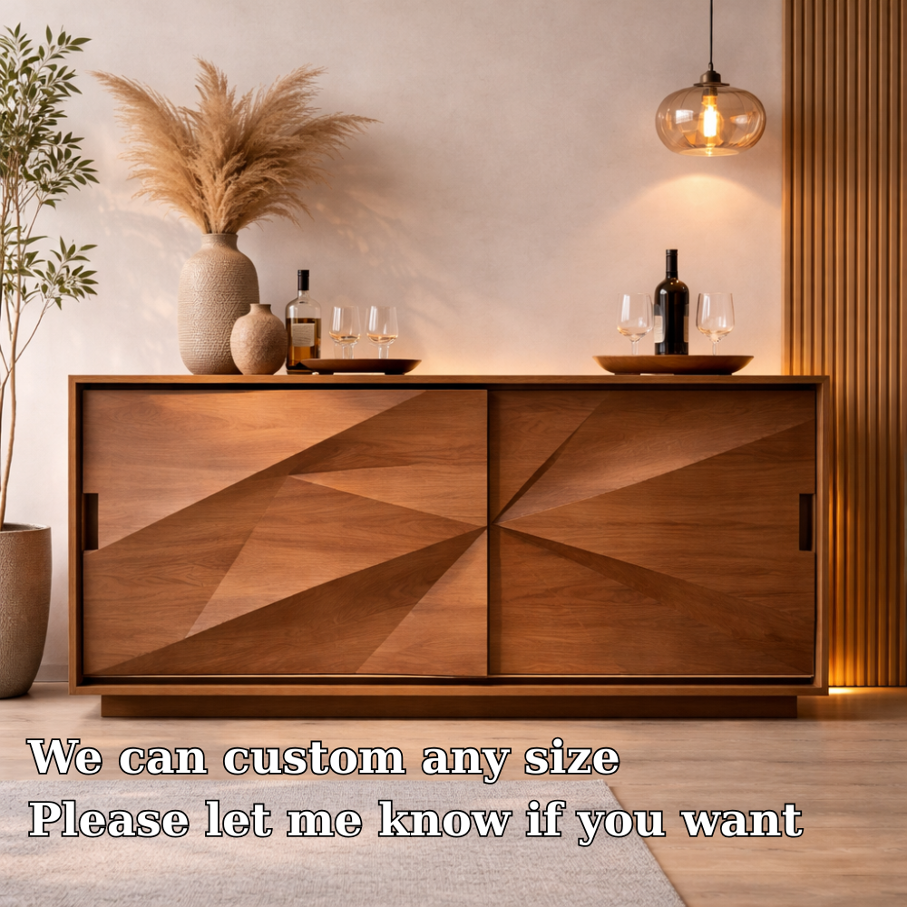 Solid Walnut Console Table with Geometric Carved Doors – Modern Wooden Sideboard