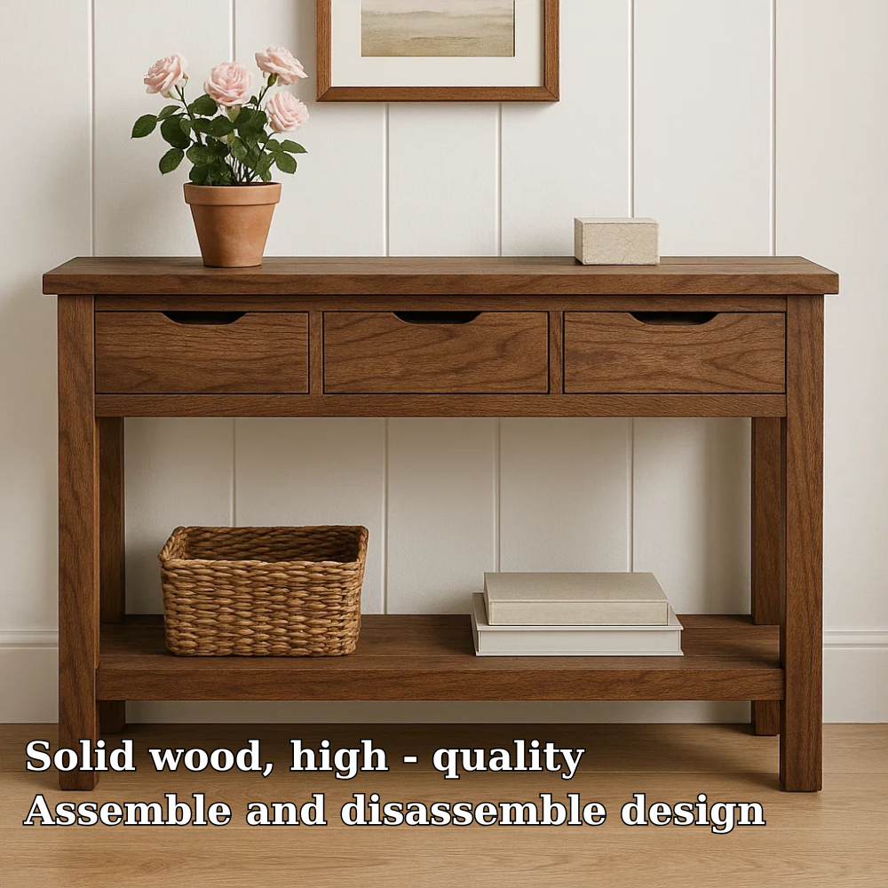 Rustic Wooden Console Table with Storage Drawers and Bottom Shelf for Entryway