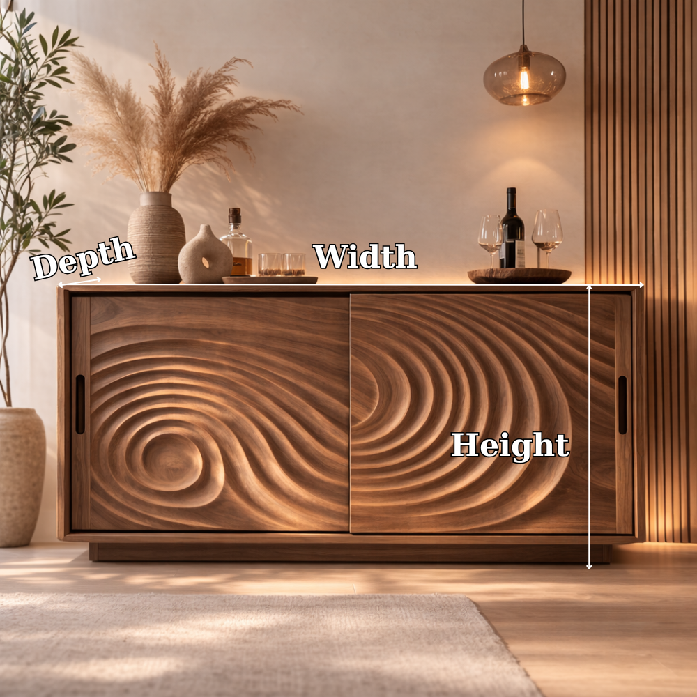Solid Wood Console Table with Carved Wave Doors – Modern Sculptural Storage Cabinet