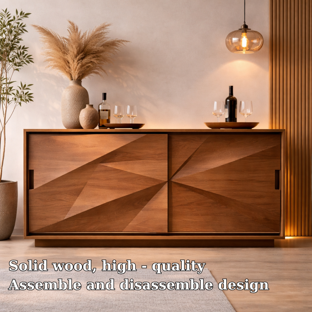 Solid Walnut Console Table with Geometric Carved Doors – Modern Wooden Sideboard