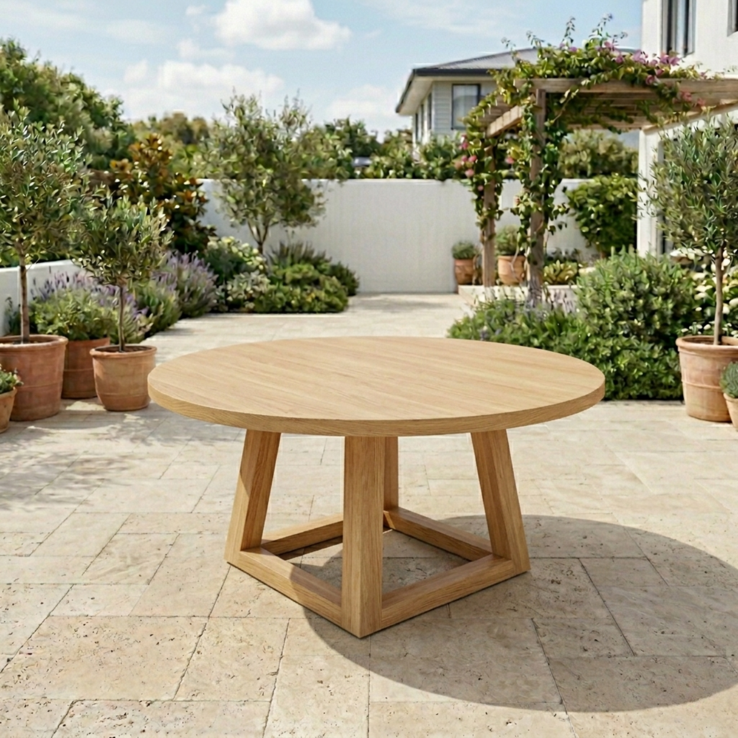 Round Solid Wood Outdoor Dining Table with Geometric Cross Pedestal Base