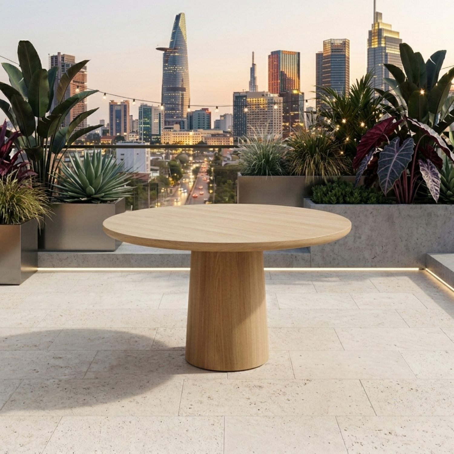 Round Solid Wood Outdoor Dining Table with Minimalist Cylinder Pedestal Base