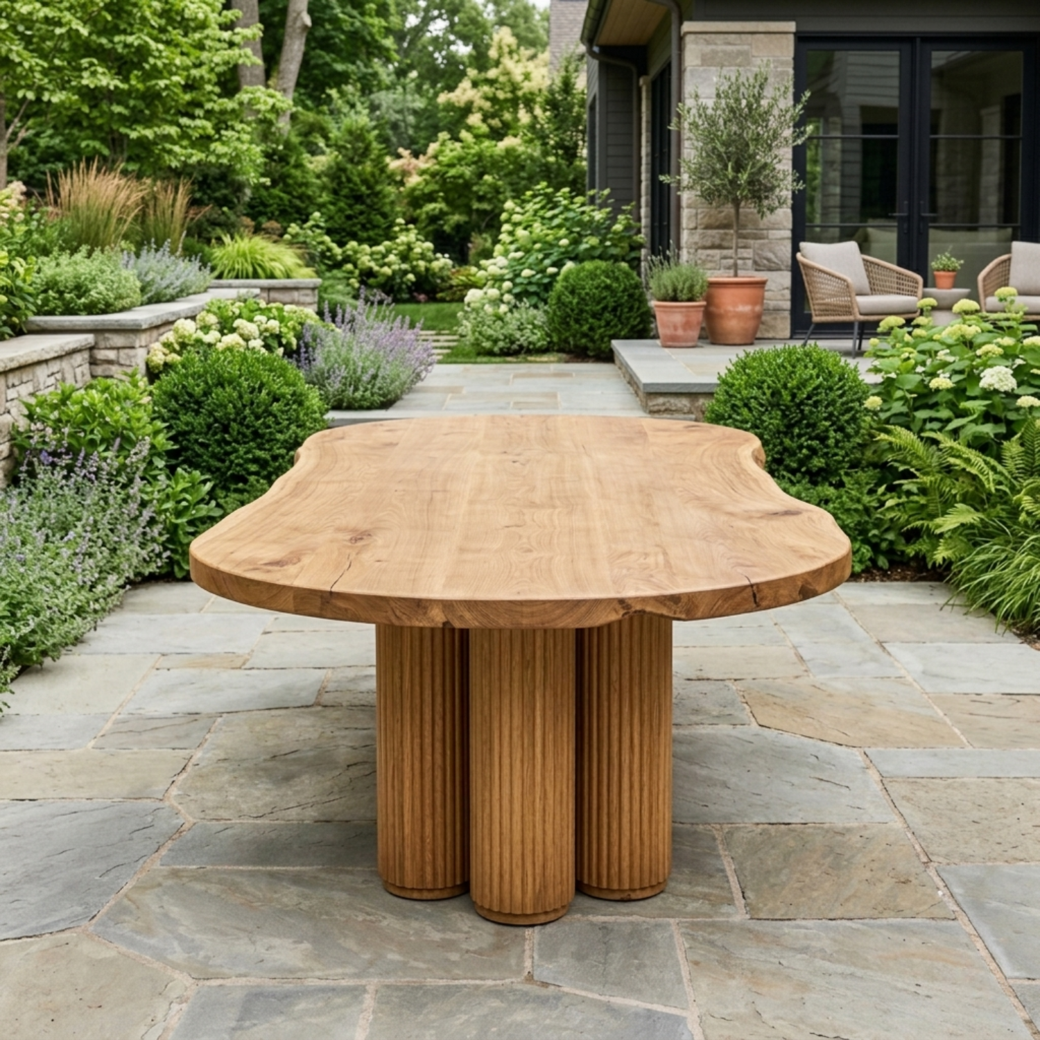 Solid Wood Outdoor Dining Table with Organic Live Edge Top & Fluted Pedestal Base