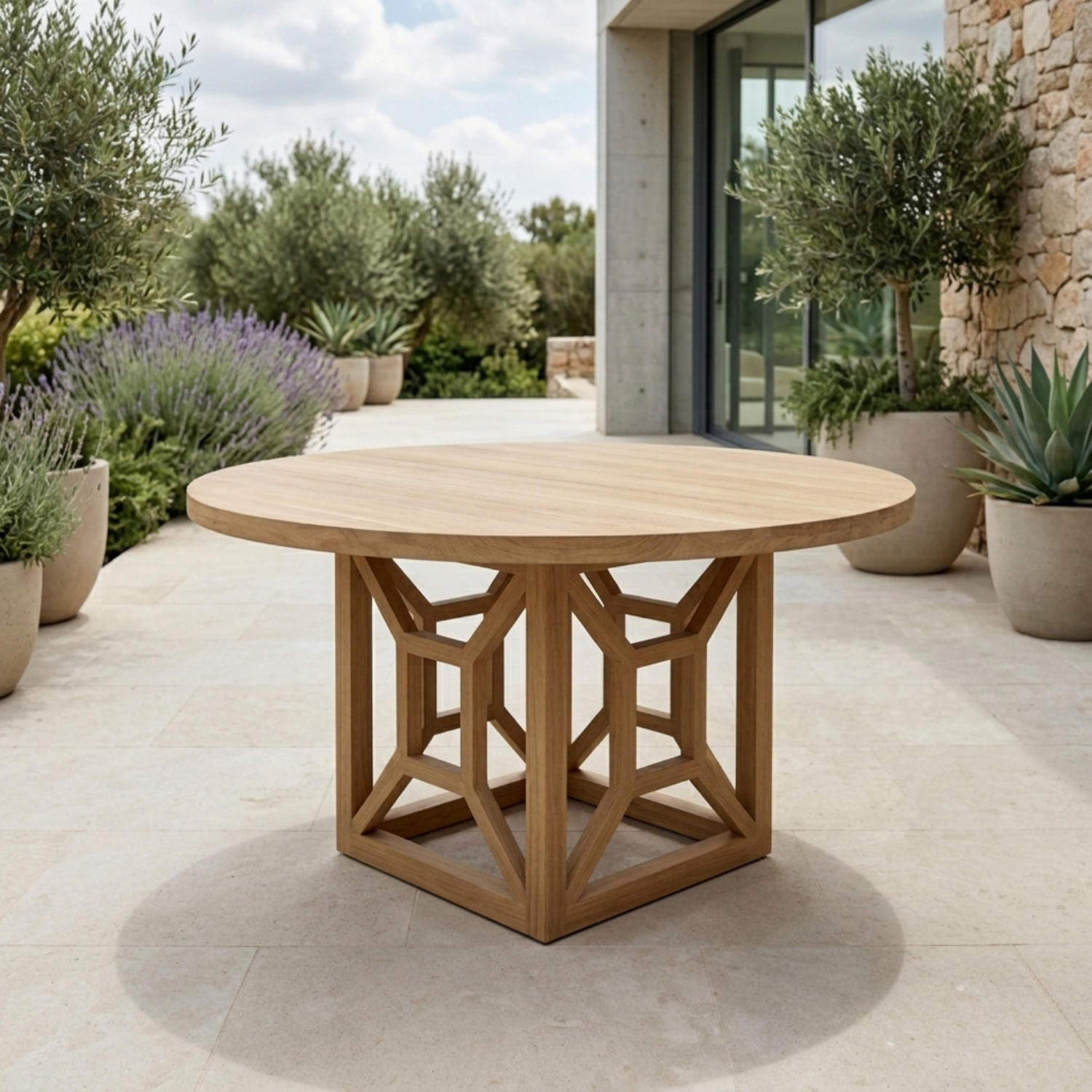 Round Solid Wood Outdoor Dining Table with Geometric Architectural Pedestal Base