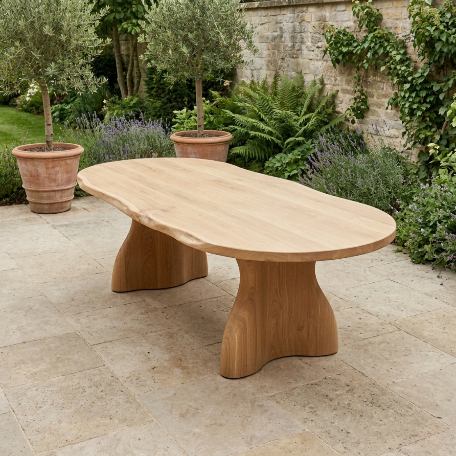 Solid Wood Outdoor Dining Table Oval Top with Organic Sculptural Pedestal Base