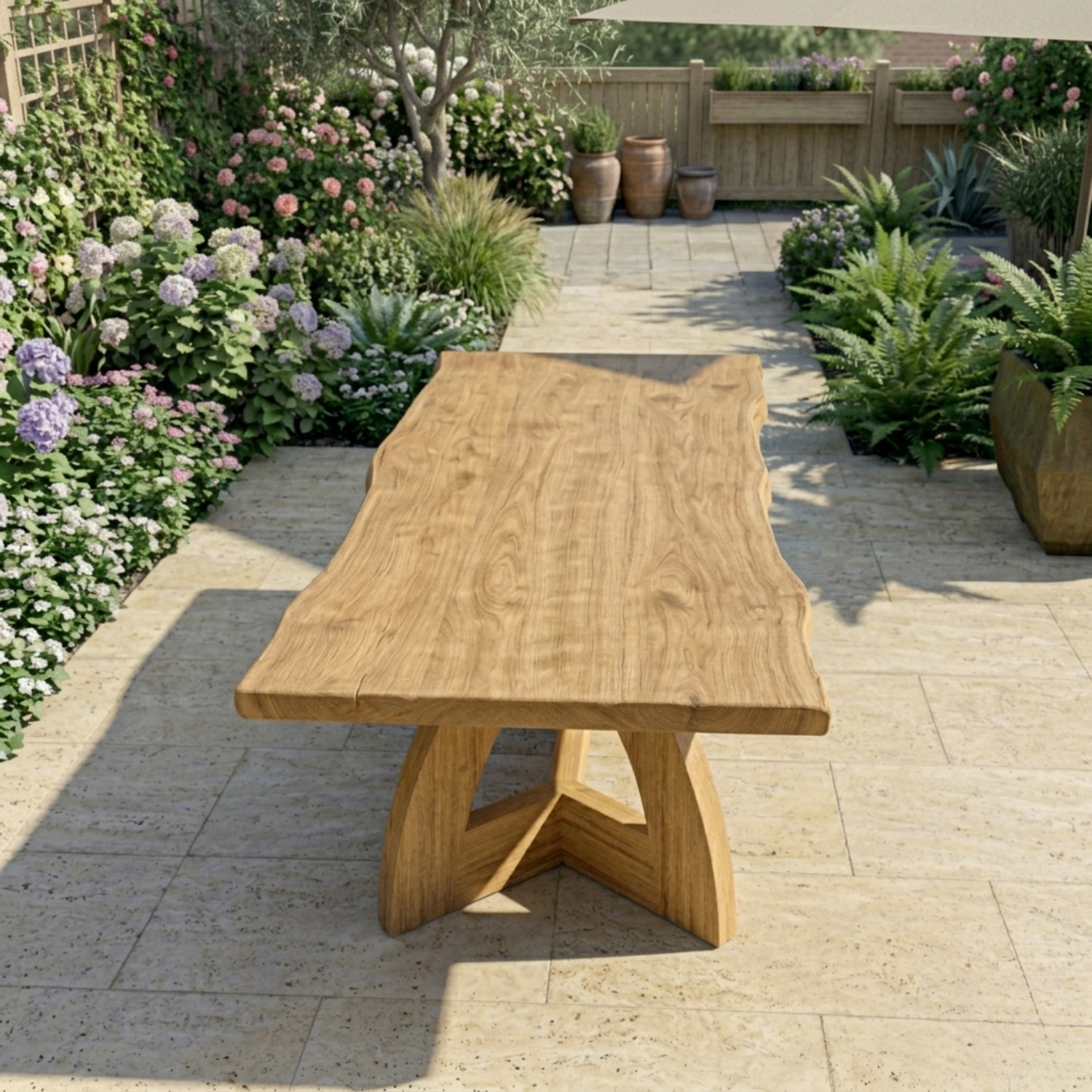 Live Edge Solid Wood Outdoor Dining Table with Sculptural Arch Pedestal Base