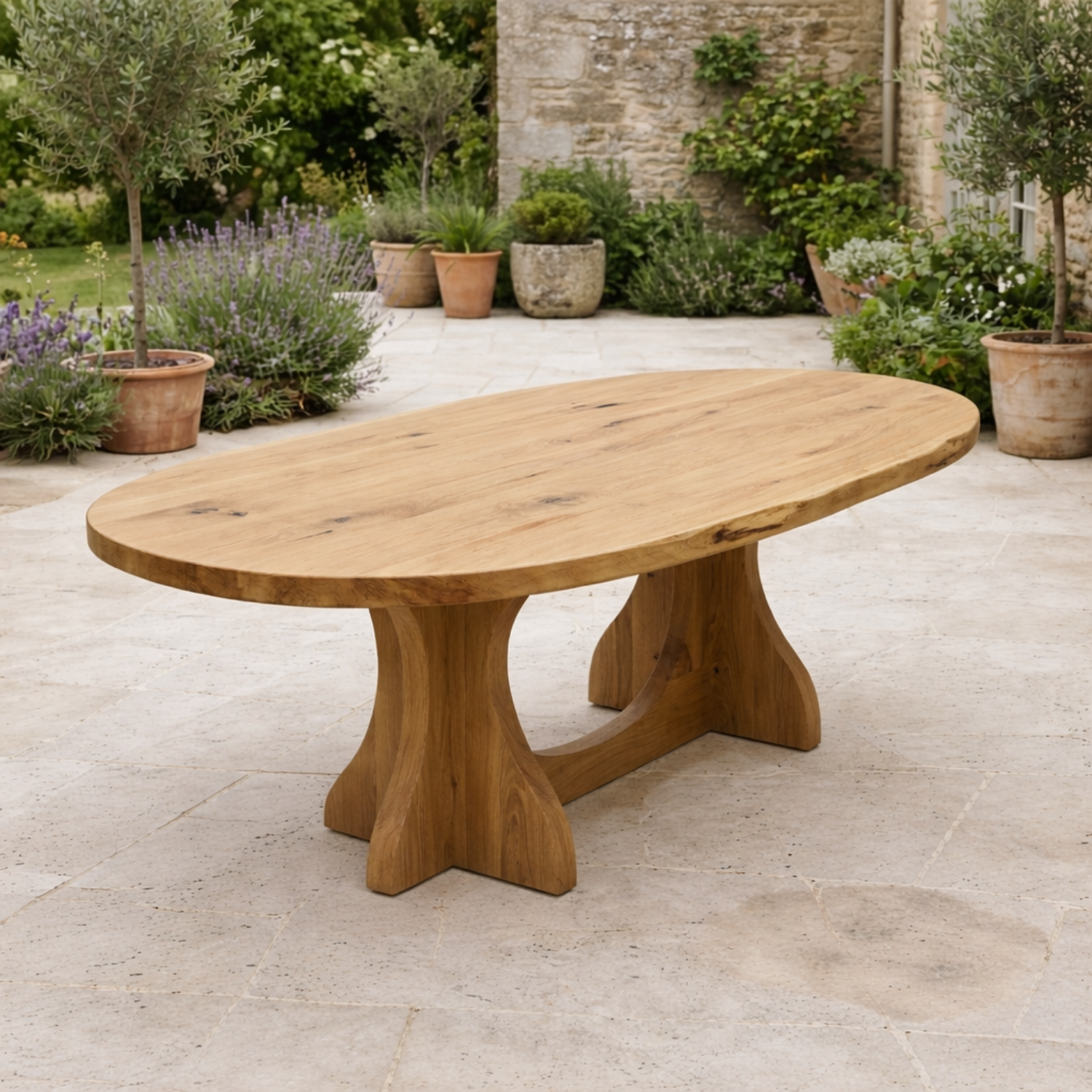 Oval Solid Wood Outdoor Dining Table with Curved Double Pedestal Base